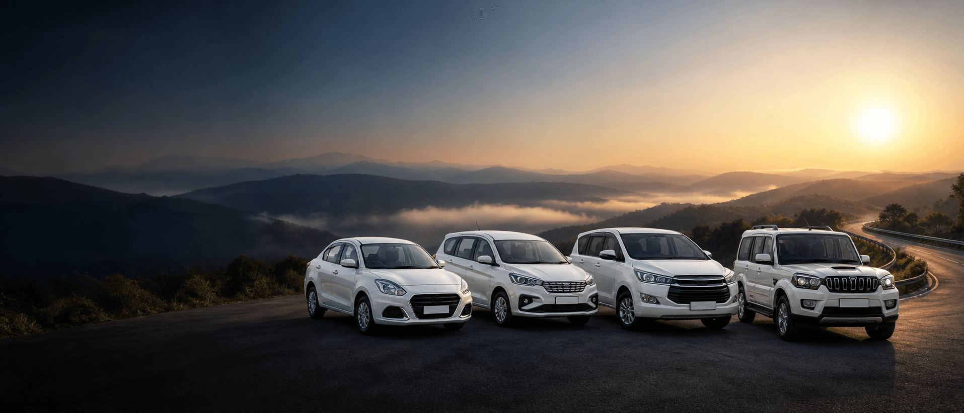 Premium Janta Travels fleet overlooking Jharkhand hills at sunrise