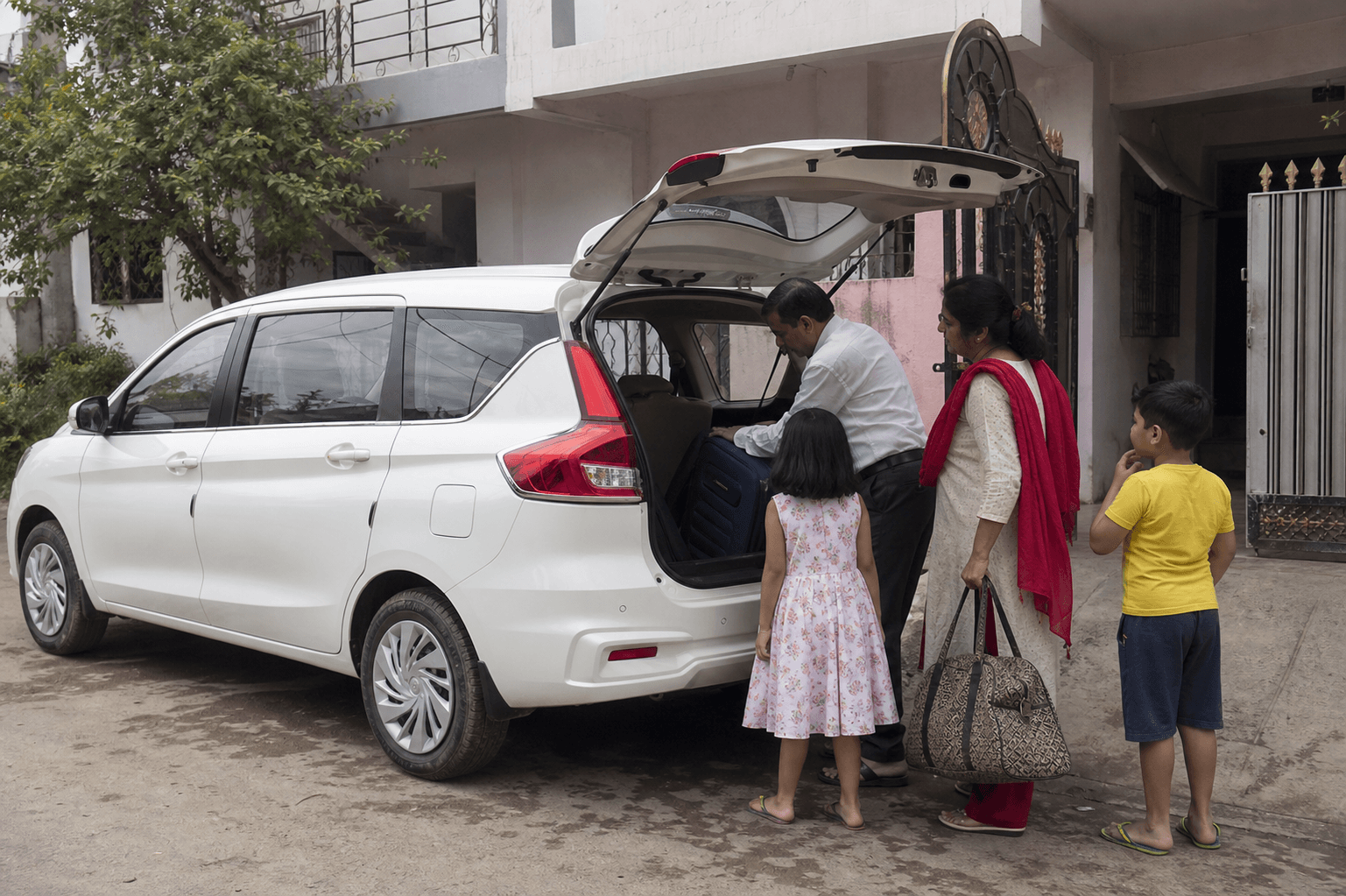 Family loading bags into a clean taxi outside a modest Bokaro home