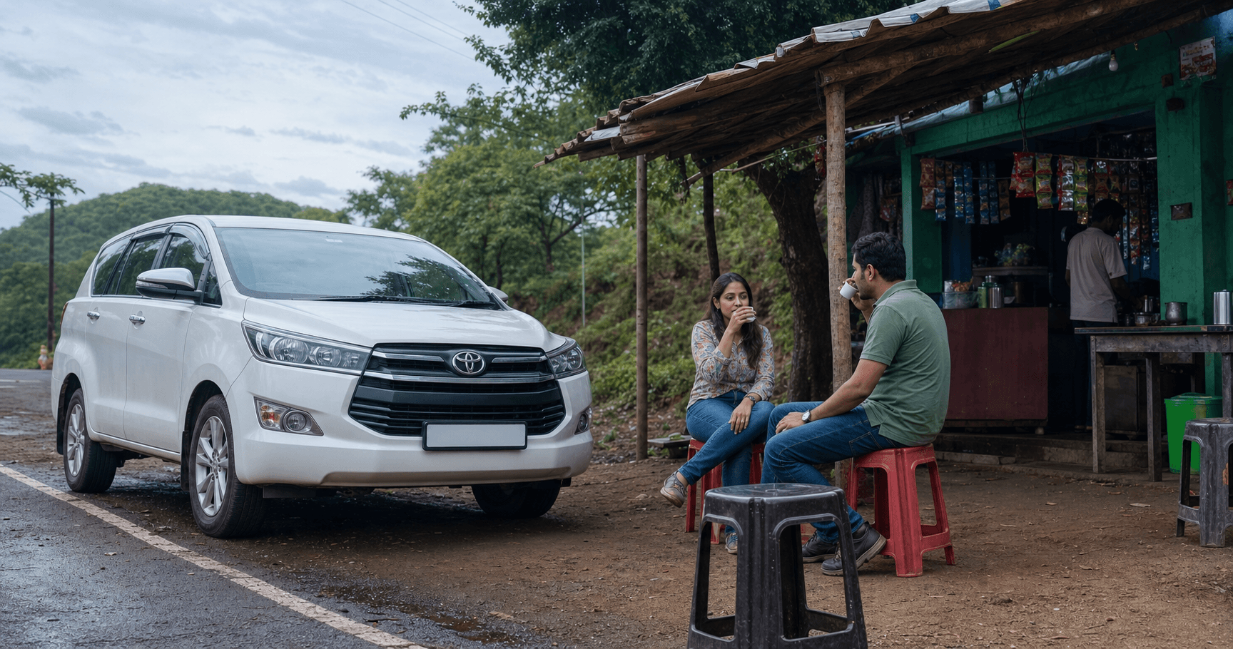 Travelers taking a tea break beside a taxi at a roadside stall